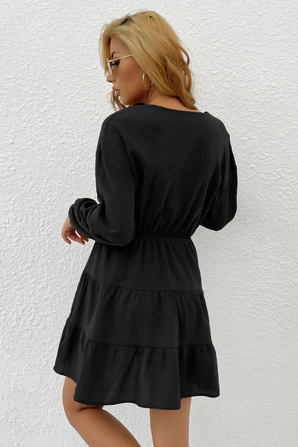 Decorative Button Tie Front Tiered Mini Dress BLUE ZONE PLANET