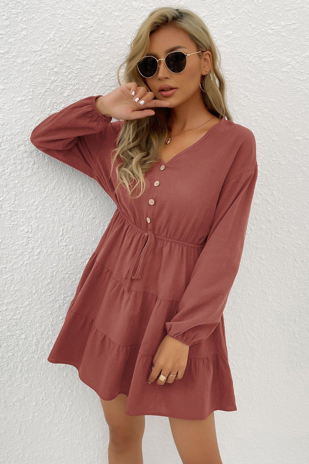 Decorative Button Tie Front Tiered Mini Dress BLUE ZONE PLANET