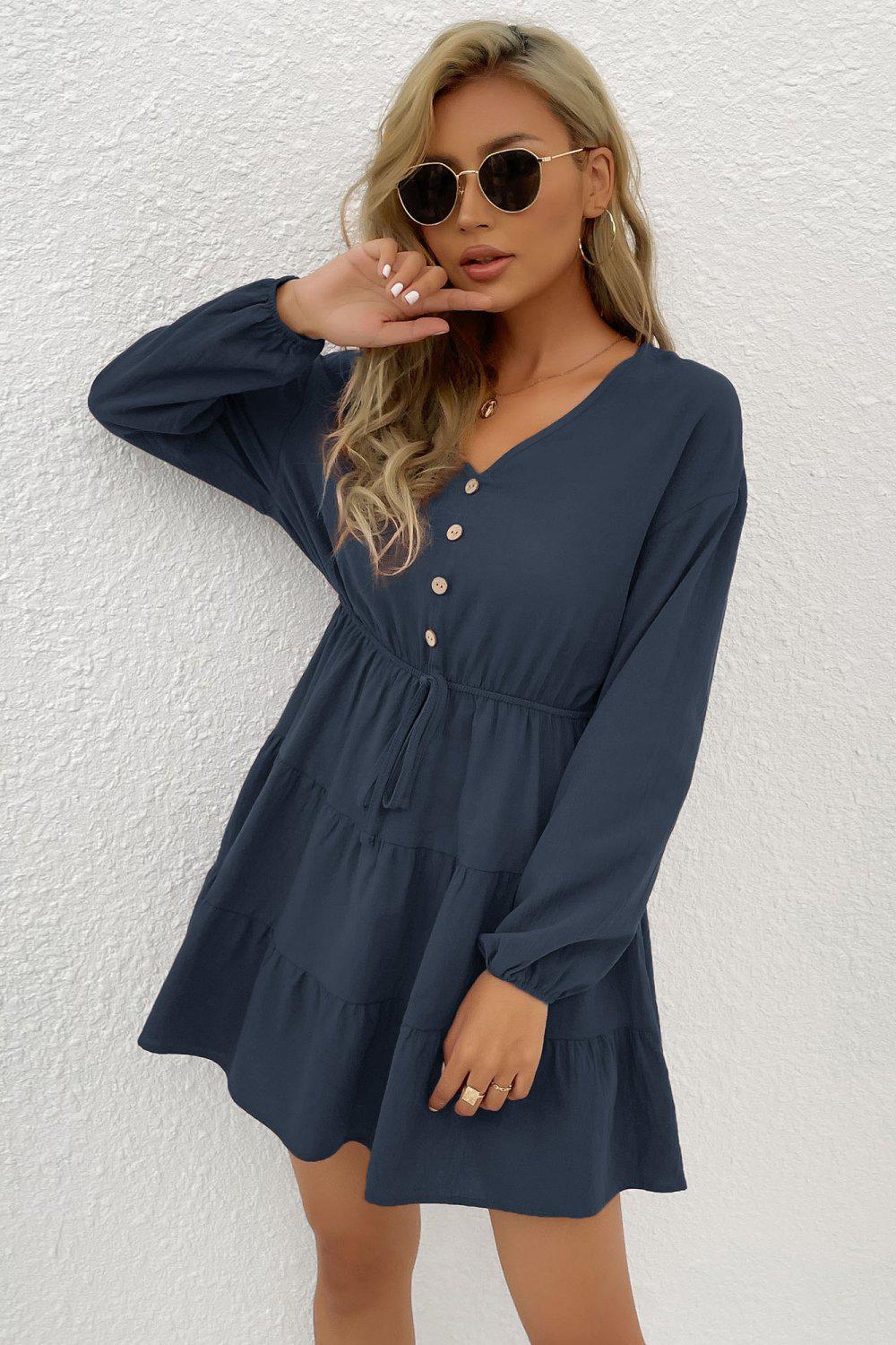 Decorative Button Tie Front Tiered Mini Dress BLUE ZONE PLANET