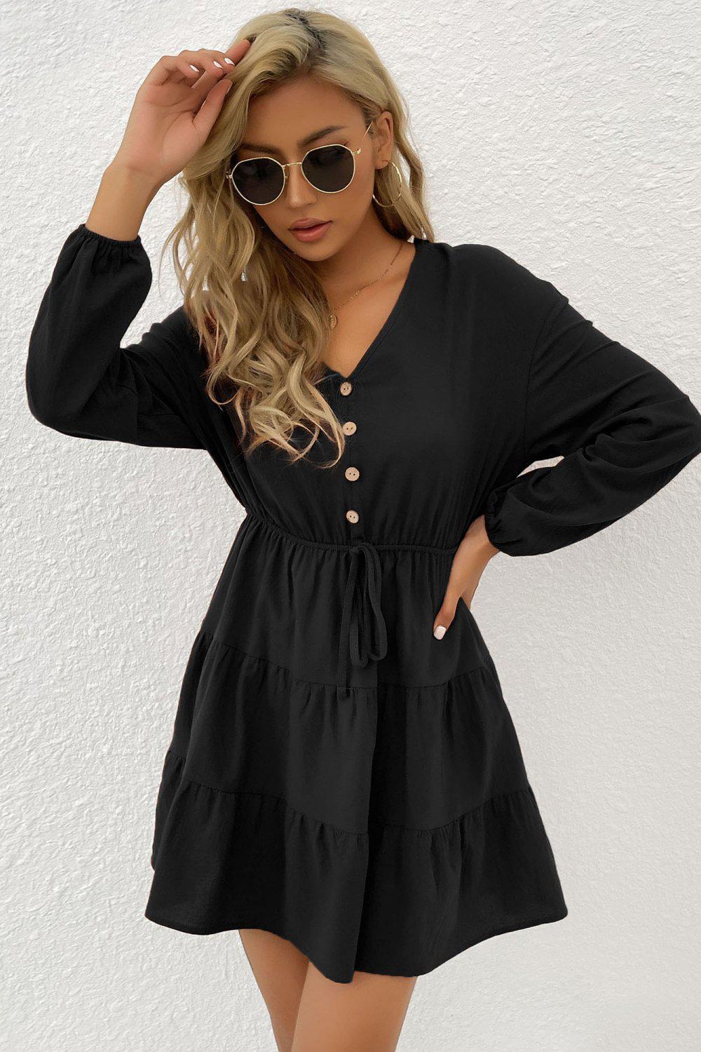 Decorative Button Tie Front Tiered Mini Dress BLUE ZONE PLANET