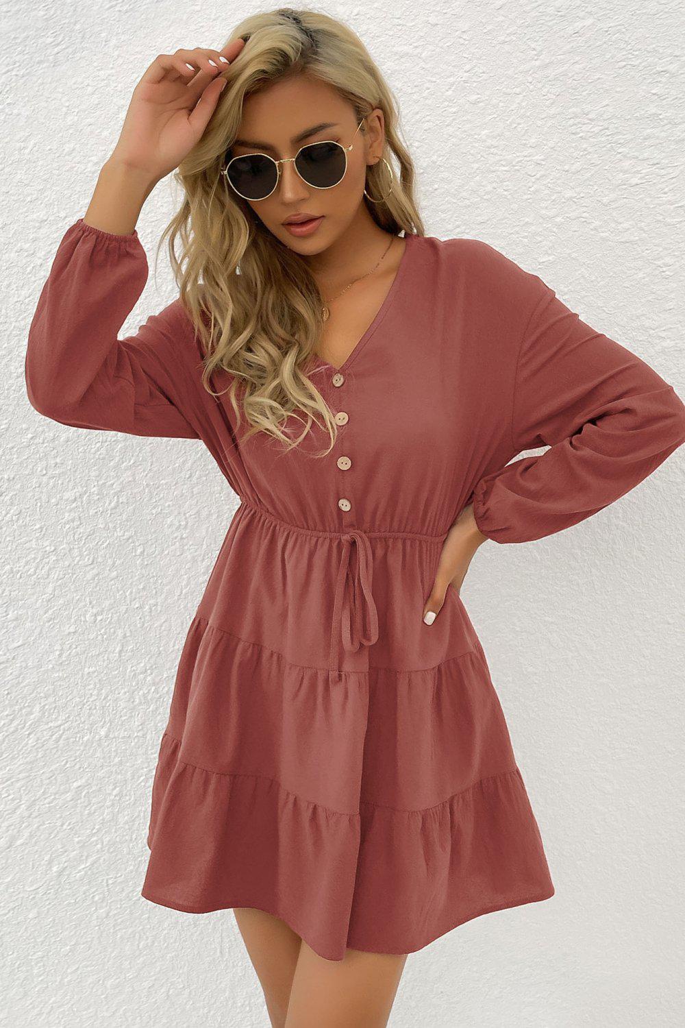Decorative Button Tie Front Tiered Mini Dress BLUE ZONE PLANET