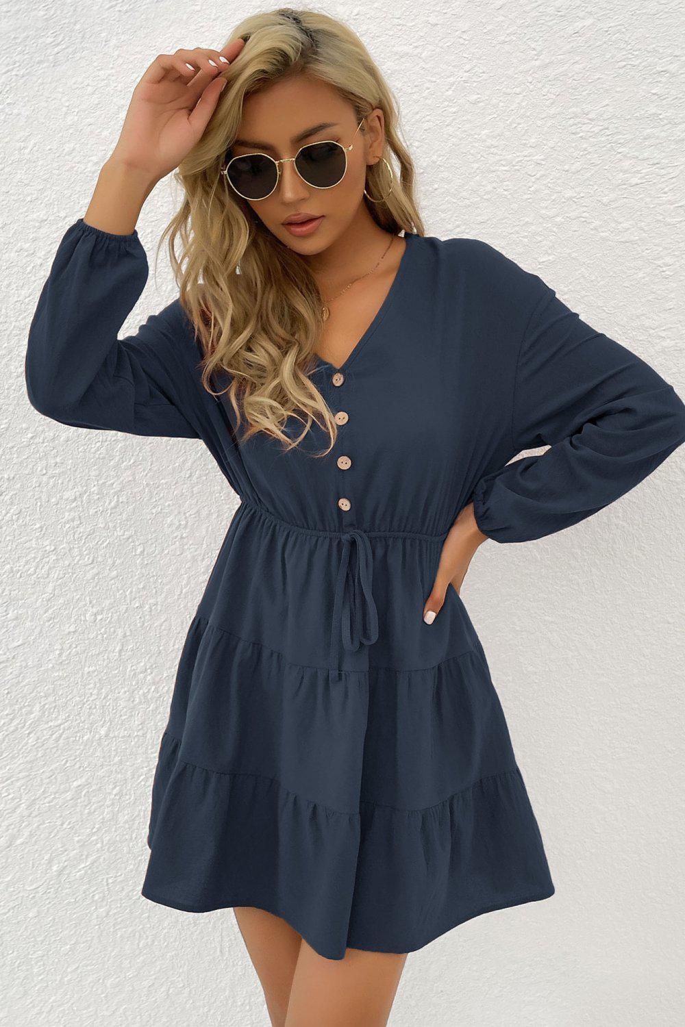 Decorative Button Tie Front Tiered Mini Dress BLUE ZONE PLANET
