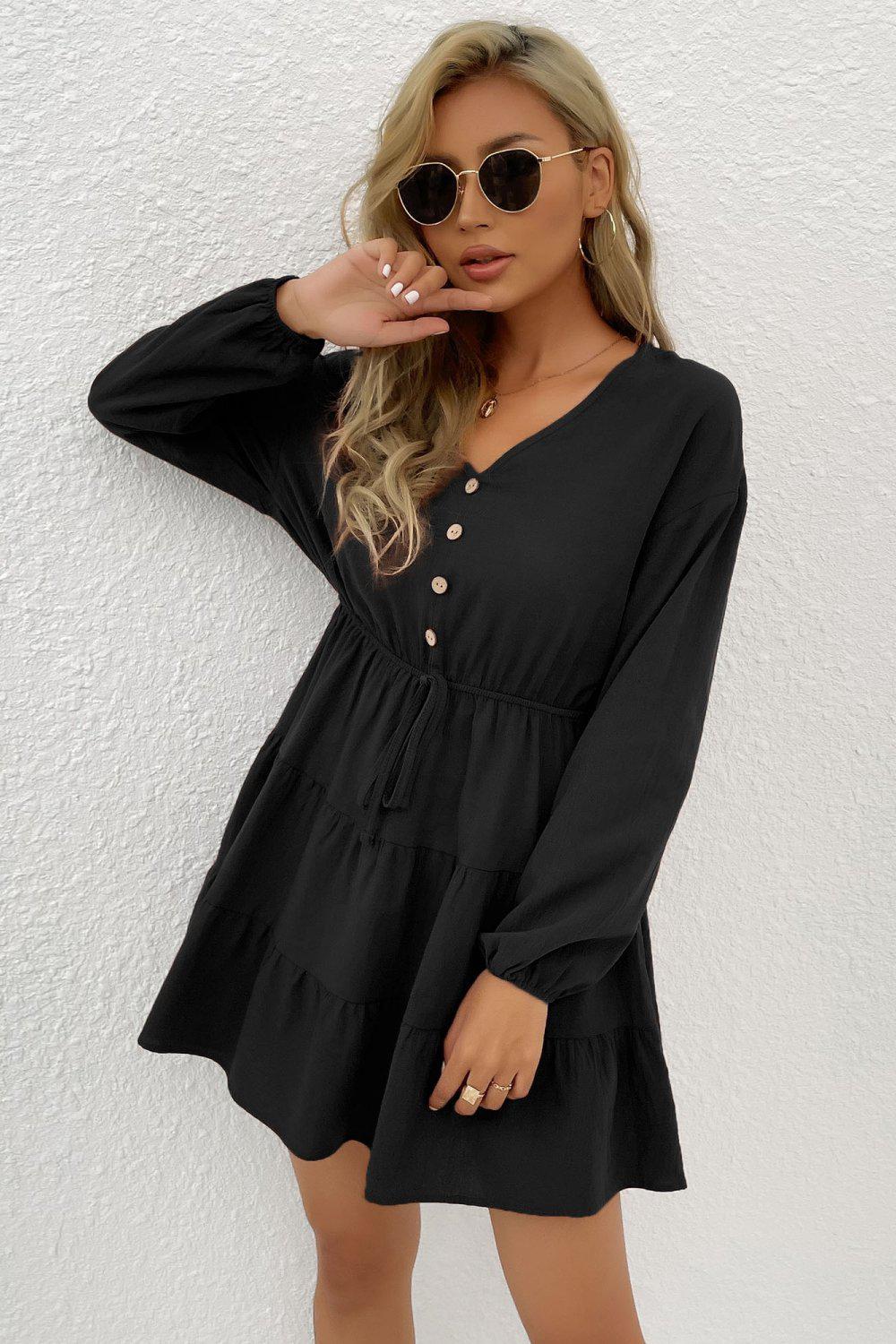Decorative Button Tie Front Tiered Mini Dress BLUE ZONE PLANET