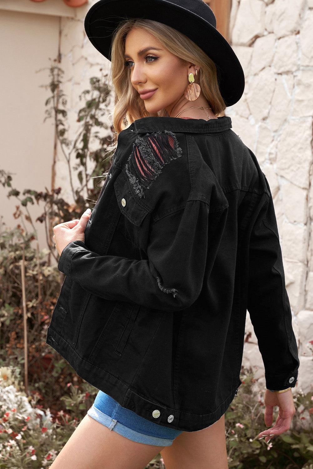 Distressed Button-Up Denim Jacket with Pockets BLUE ZONE PLANET