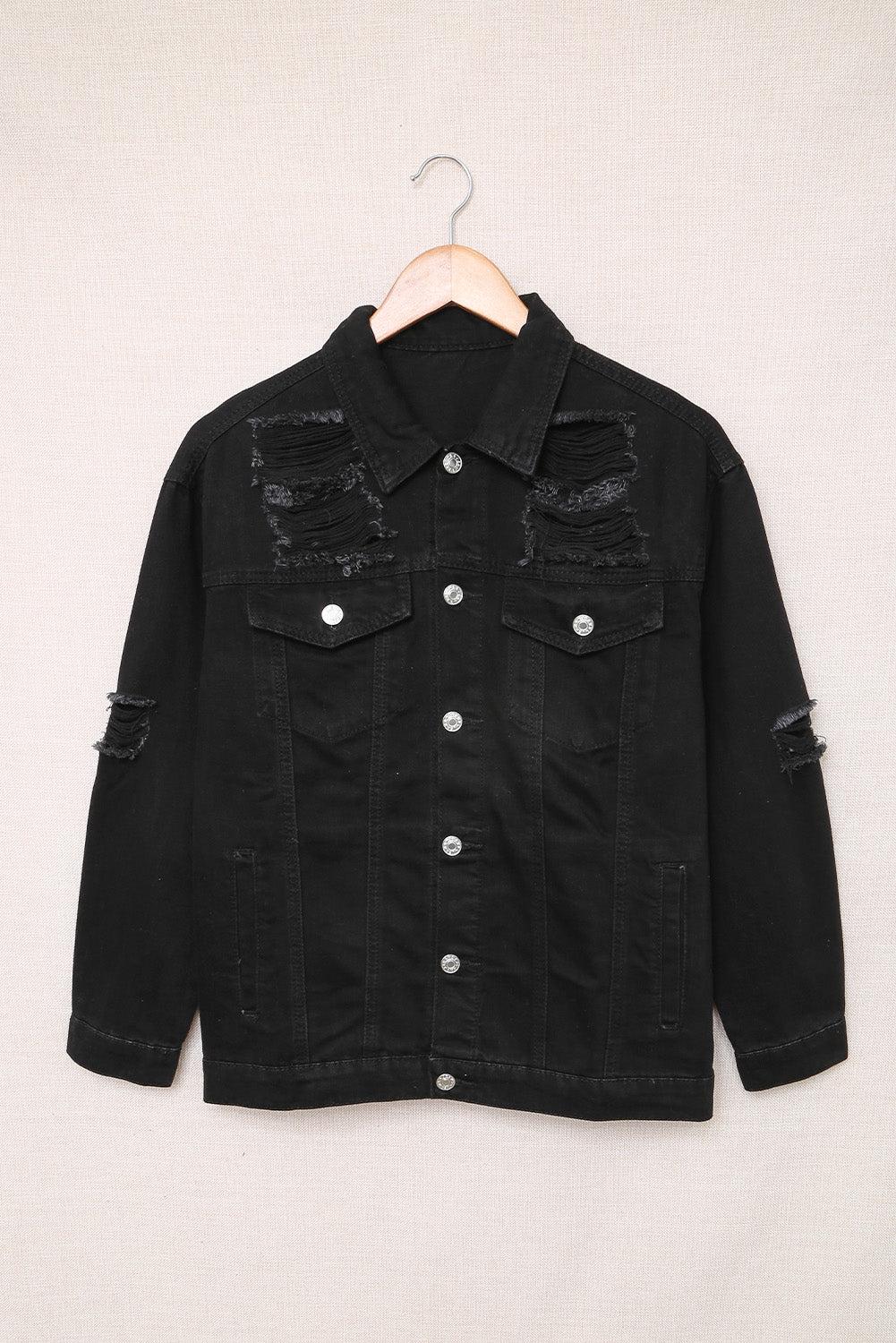 Distressed Button-Up Denim Jacket with Pockets BLUE ZONE PLANET