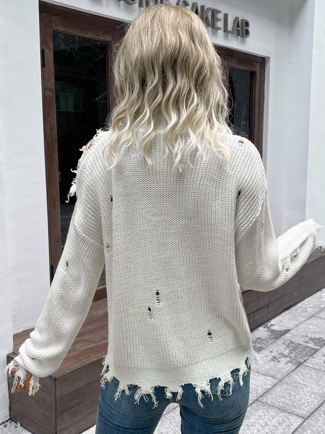 Distressed High Neck Cold-Shoulder Sweater BLUE ZONE PLANET