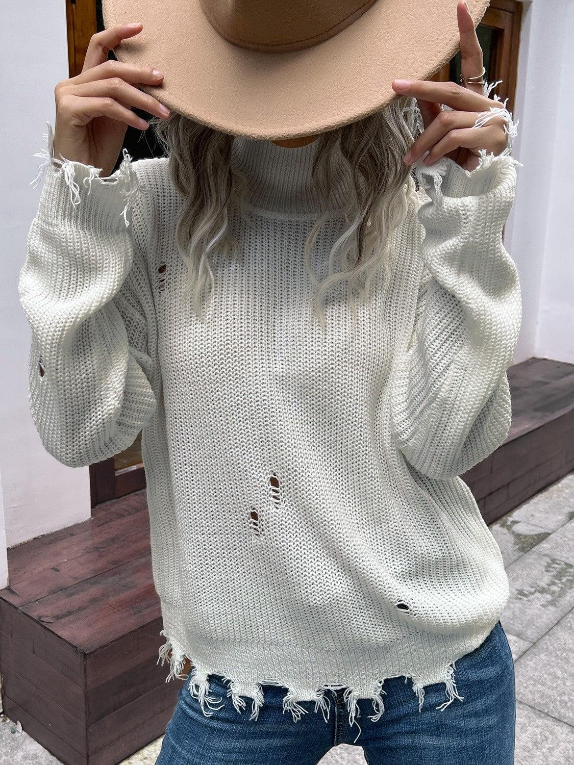 Distressed High Neck Cold-Shoulder Sweater BLUE ZONE PLANET