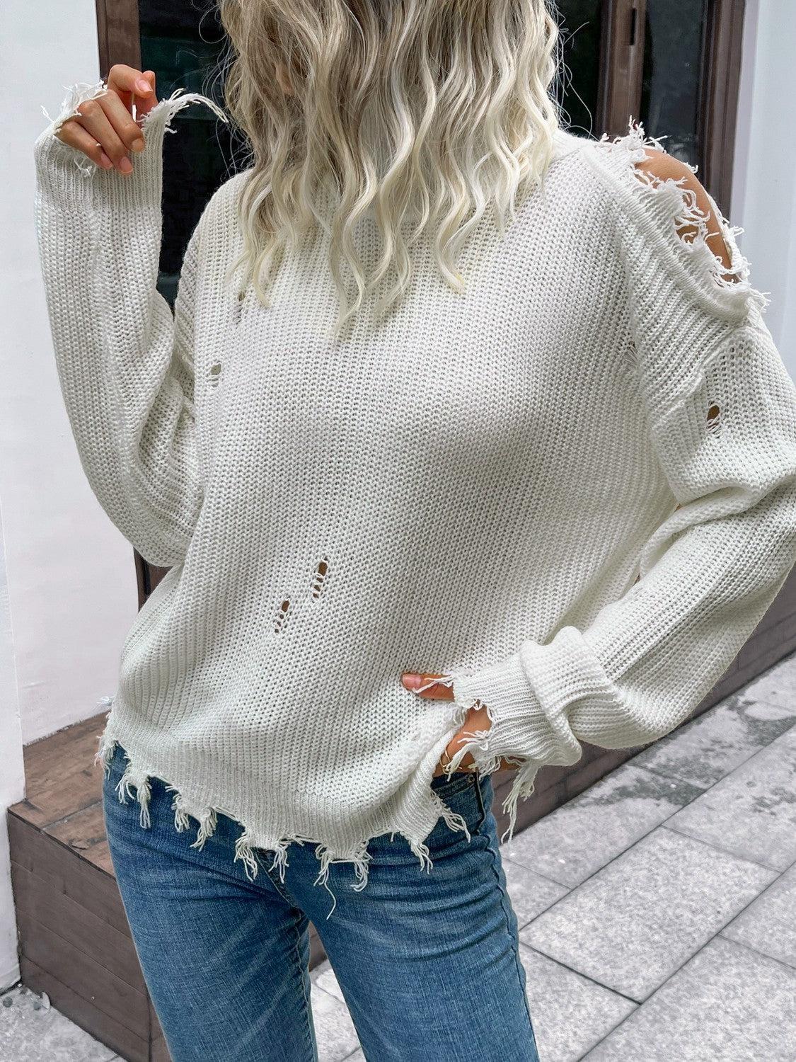 Distressed High Neck Cold-Shoulder Sweater BLUE ZONE PLANET