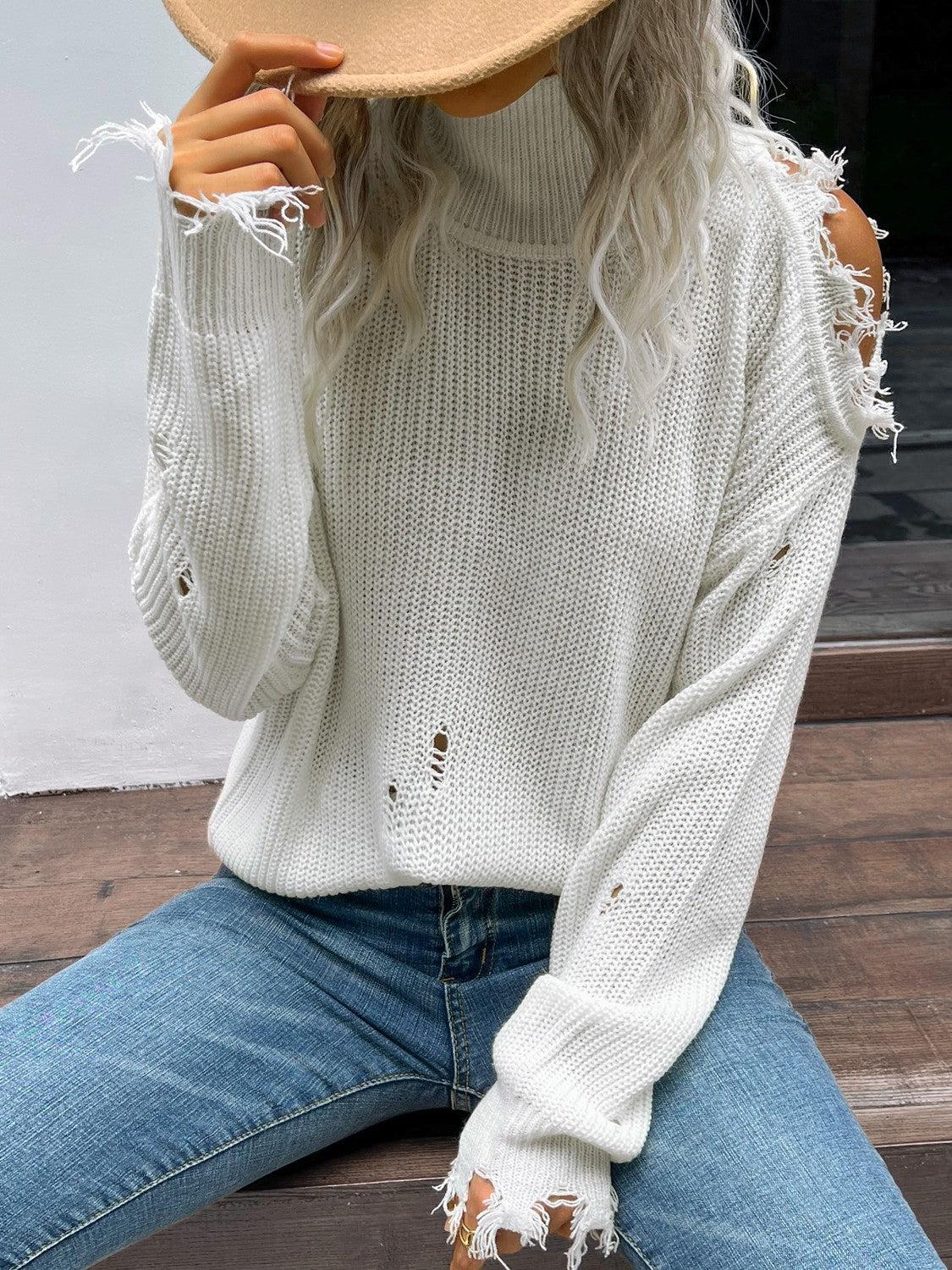 Distressed High Neck Cold-Shoulder Sweater BLUE ZONE PLANET