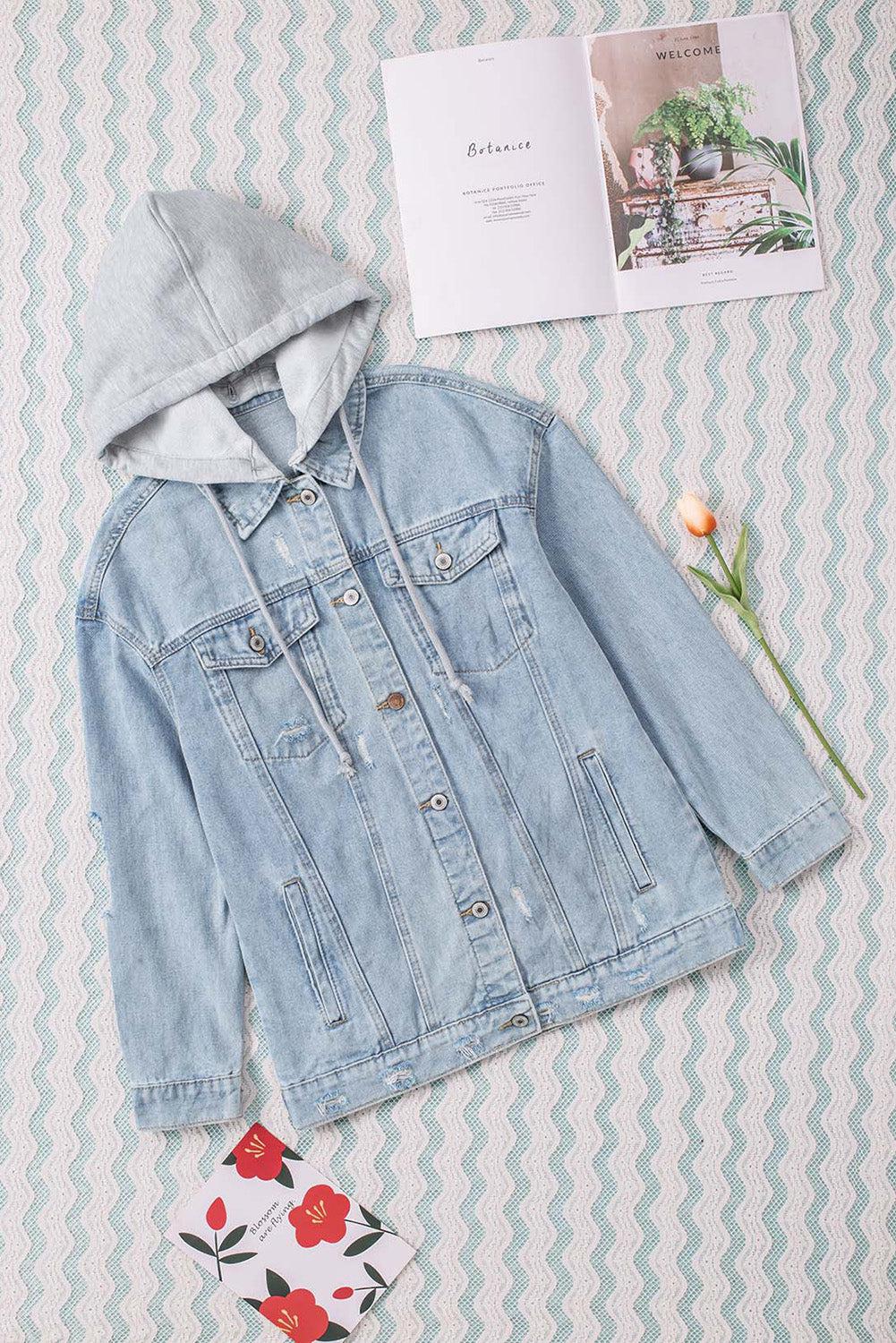 Distressed Hooded Denim Jacket BLUE ZONE PLANET