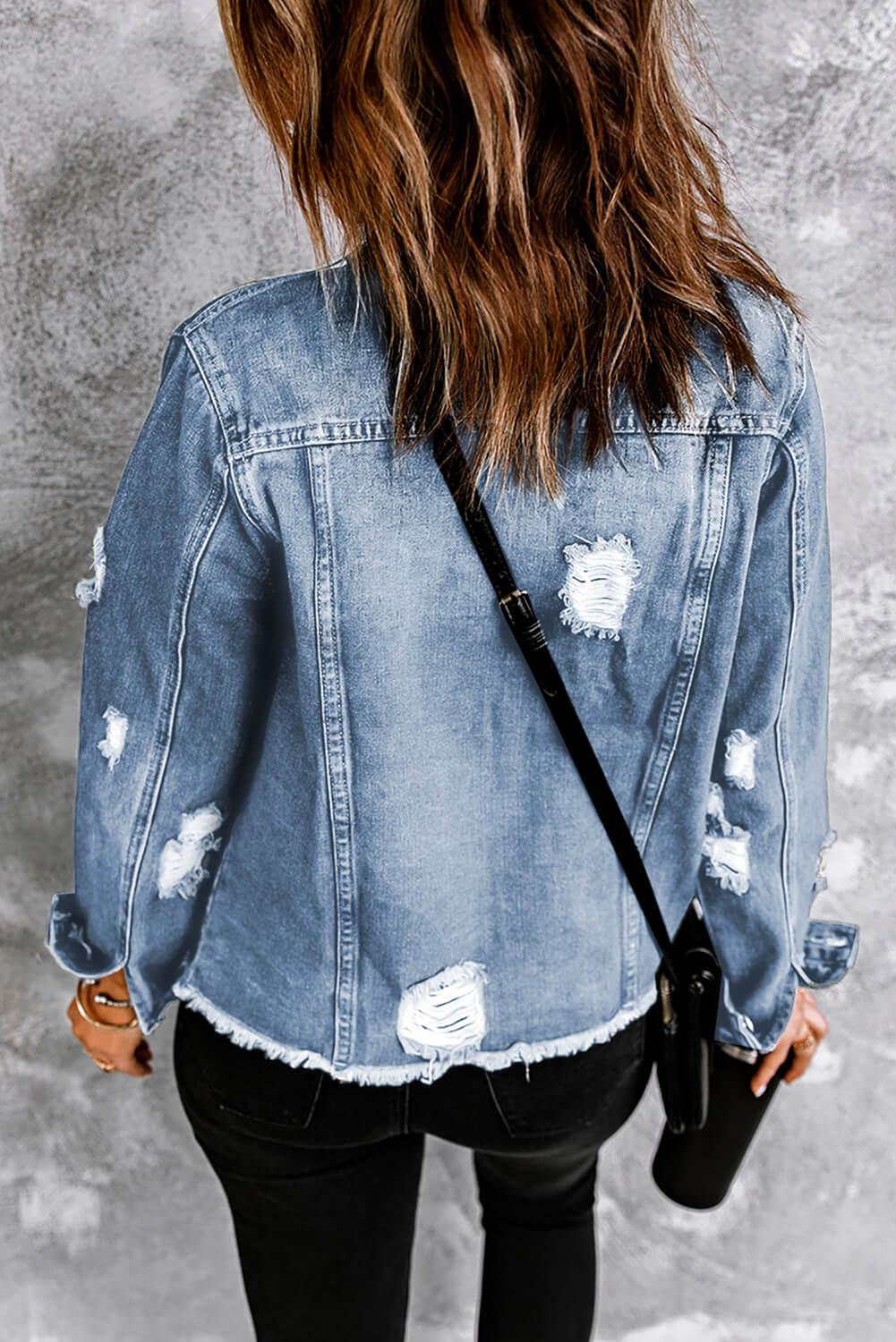 Distressed Raw Hem Denim Jacket BLUE ZONE PLANET