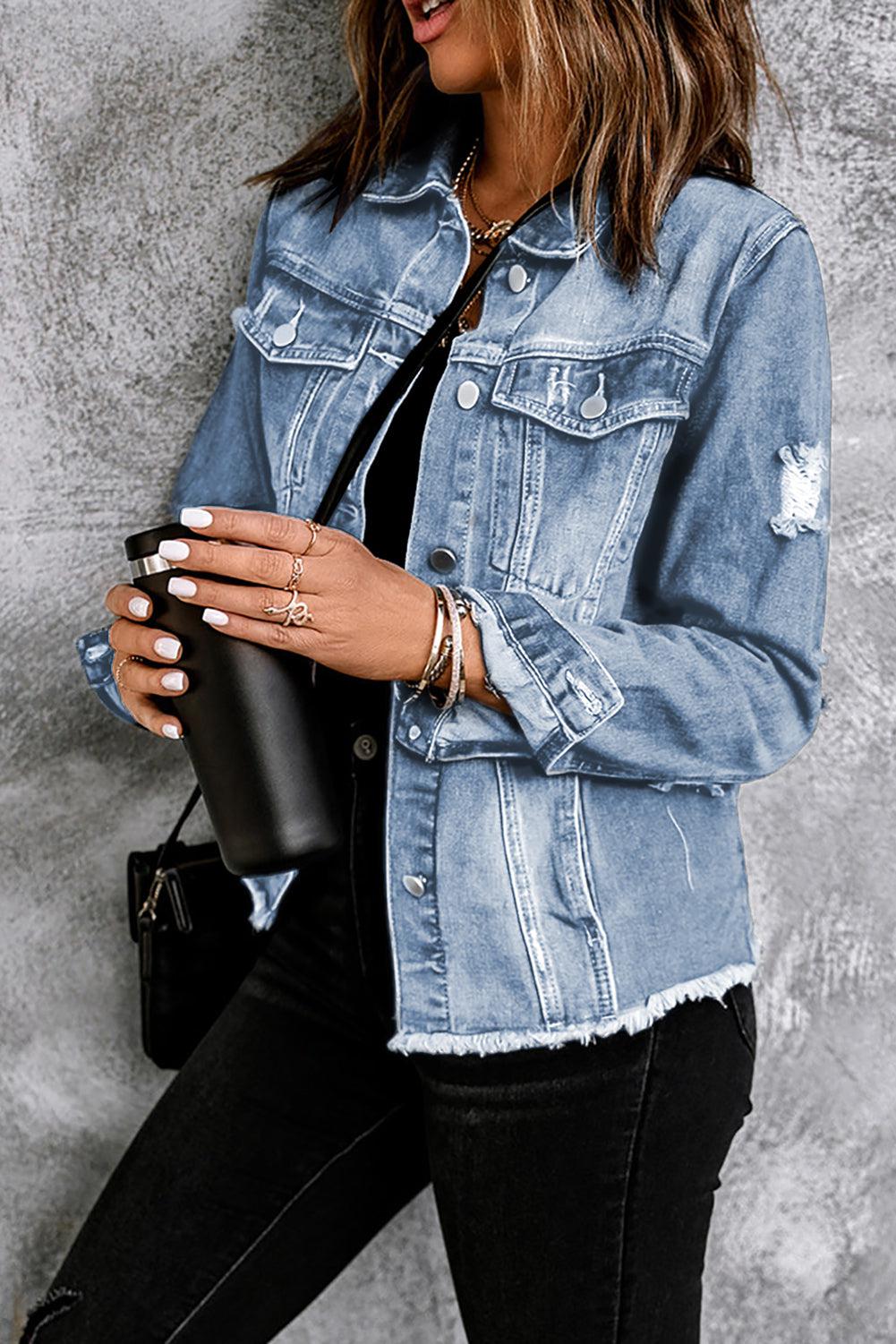 Distressed Raw Hem Denim Jacket BLUE ZONE PLANET