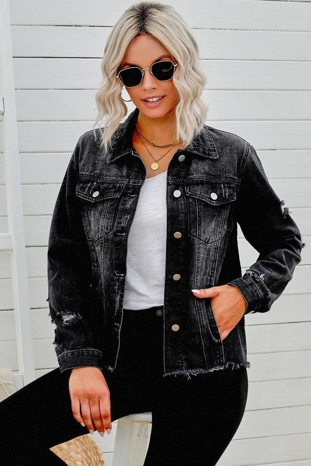 Distressed Raw Hem Denim Jacket BLUE ZONE PLANET