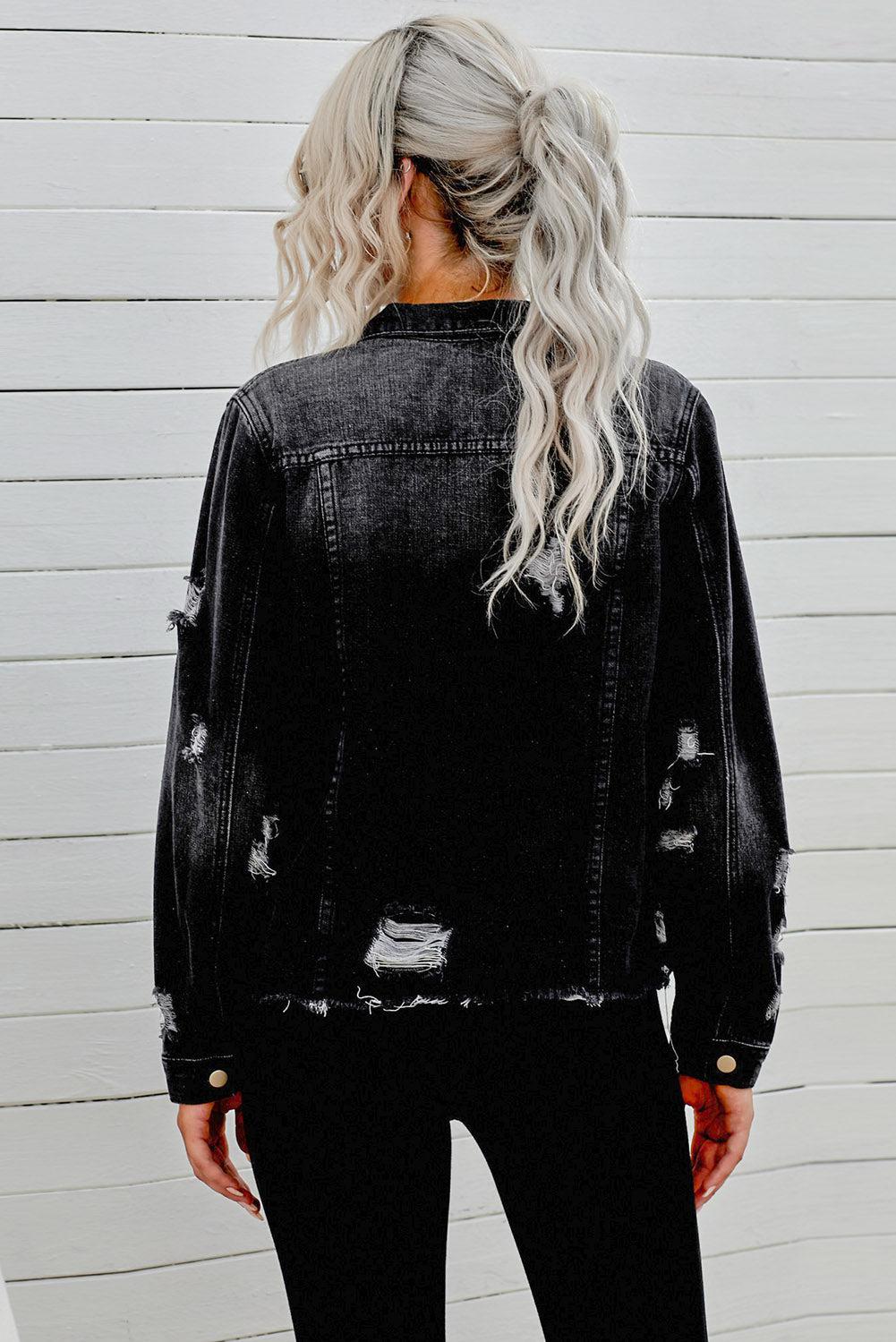 Distressed Raw Hem Denim Jacket BLUE ZONE PLANET