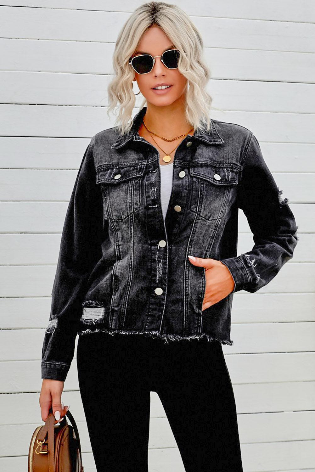 Distressed Raw Hem Denim Jacket BLUE ZONE PLANET