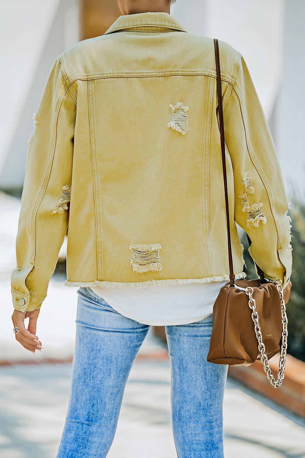 Distressed Raw Hem Denim Jacket BLUE ZONE PLANET