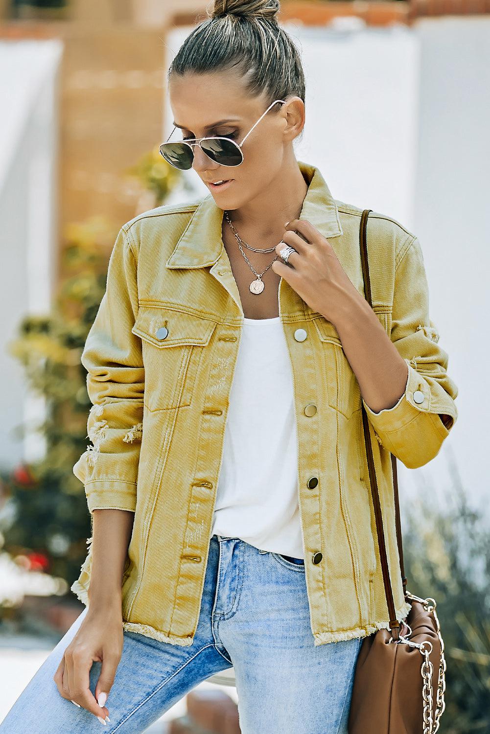 Distressed Raw Hem Denim Jacket BLUE ZONE PLANET
