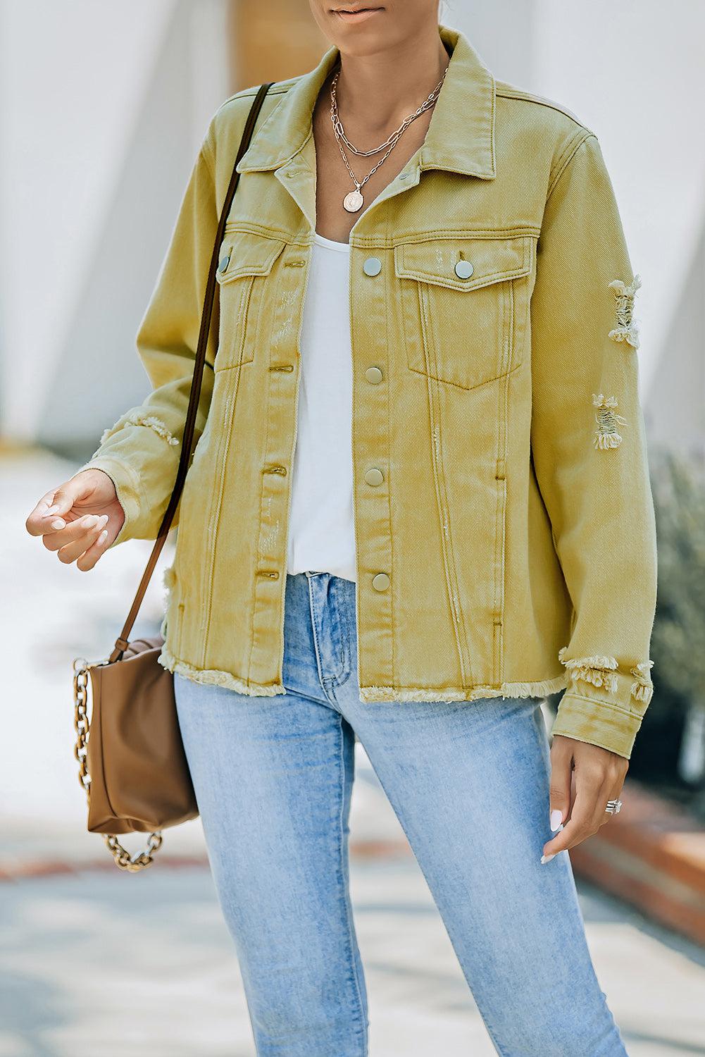 Distressed Raw Hem Denim Jacket BLUE ZONE PLANET