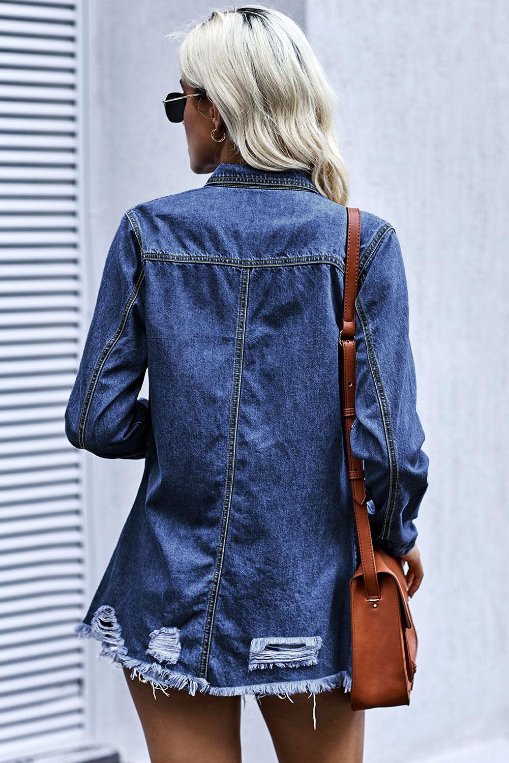 Distressed Snap Down Denim Jacket BLUE ZONE PLANET