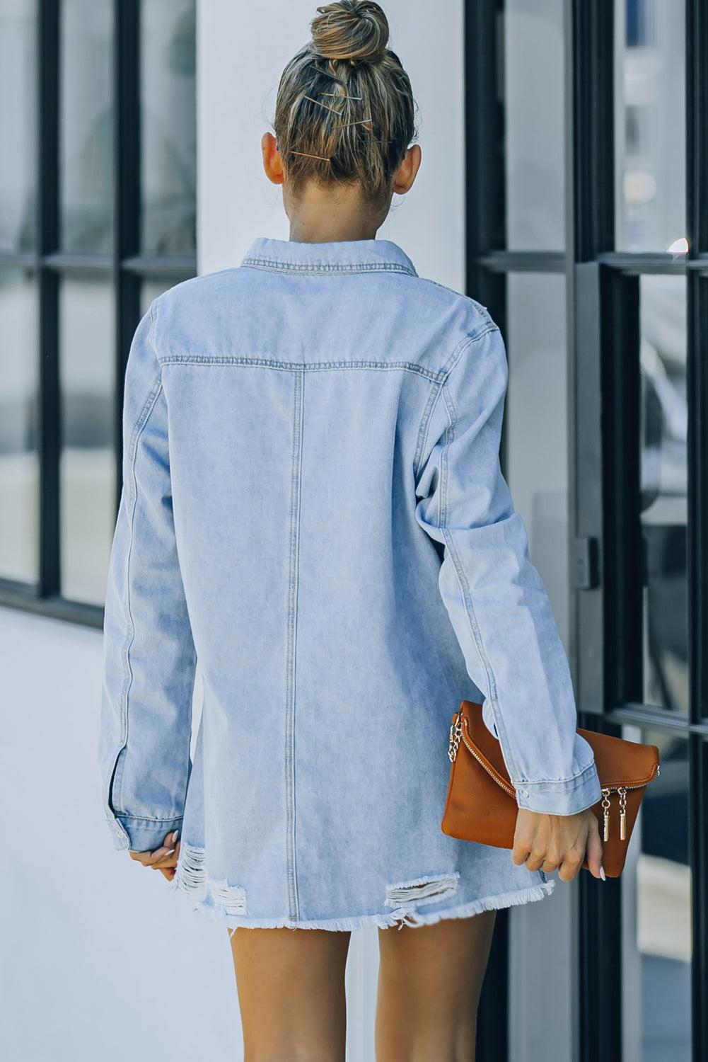 Distressed Snap Down Denim Jacket BLUE ZONE PLANET