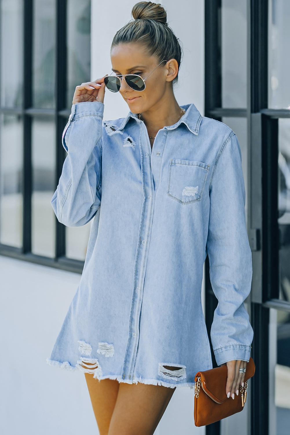 Distressed Snap Down Denim Jacket BLUE ZONE PLANET