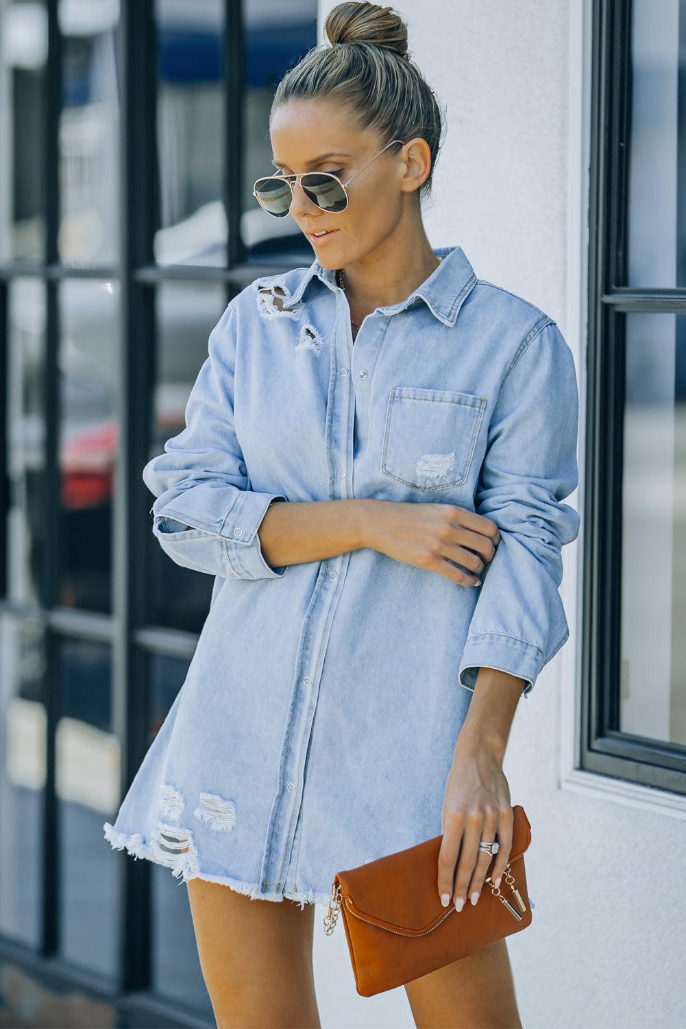 Distressed Snap Down Denim Jacket BLUE ZONE PLANET