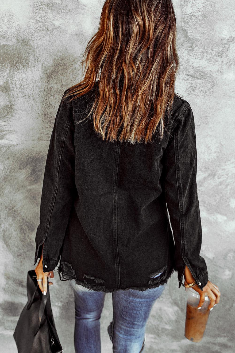 Distressed Snap Down Denim Jacket BLUE ZONE PLANET