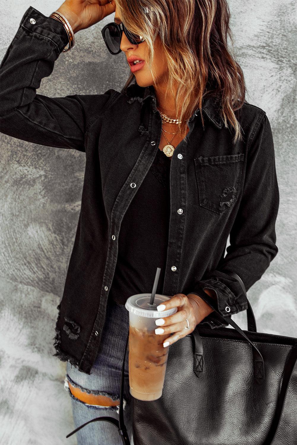 Distressed Snap Down Denim Jacket BLUE ZONE PLANET