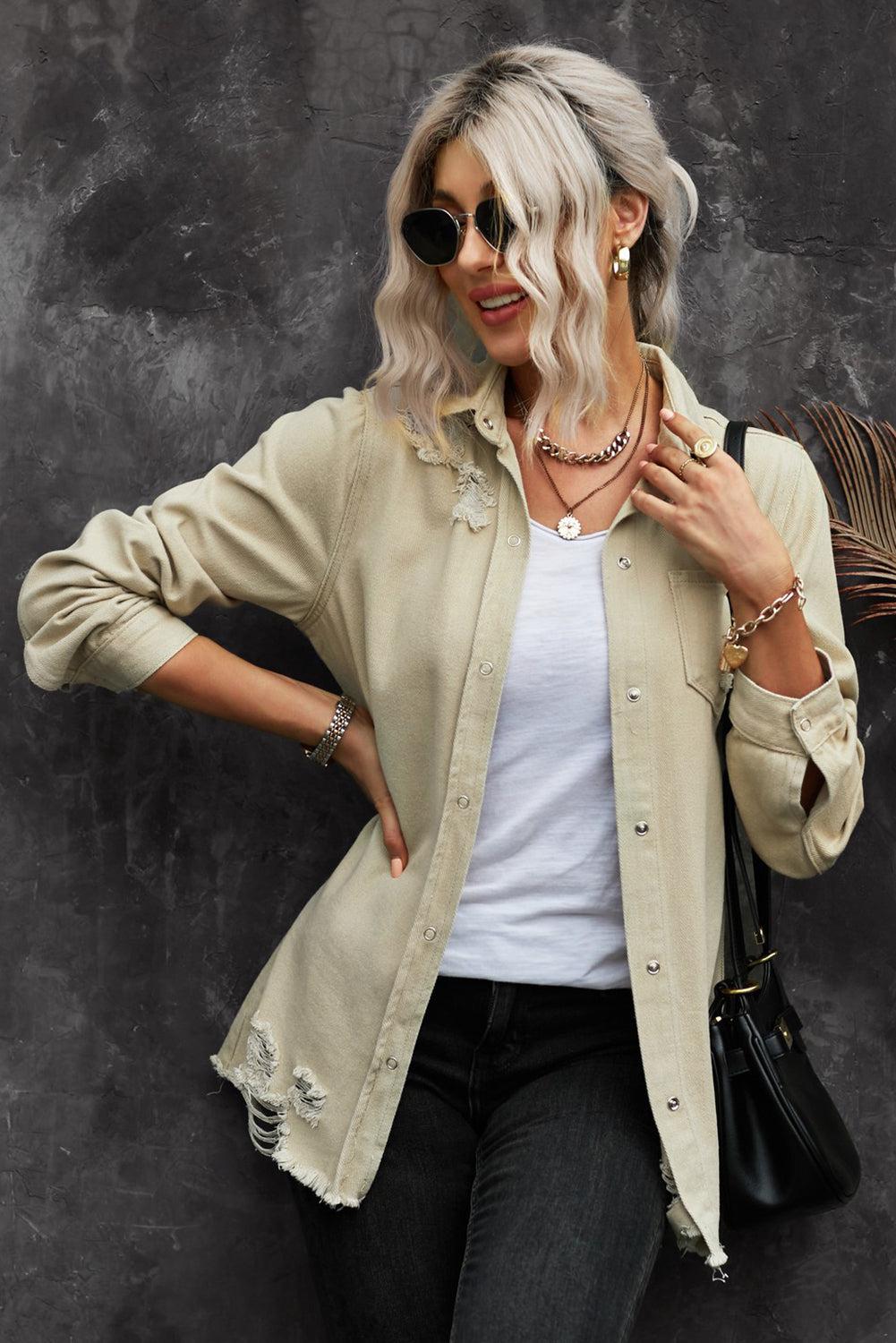 Distressed Snap Down Denim Jacket BLUE ZONE PLANET