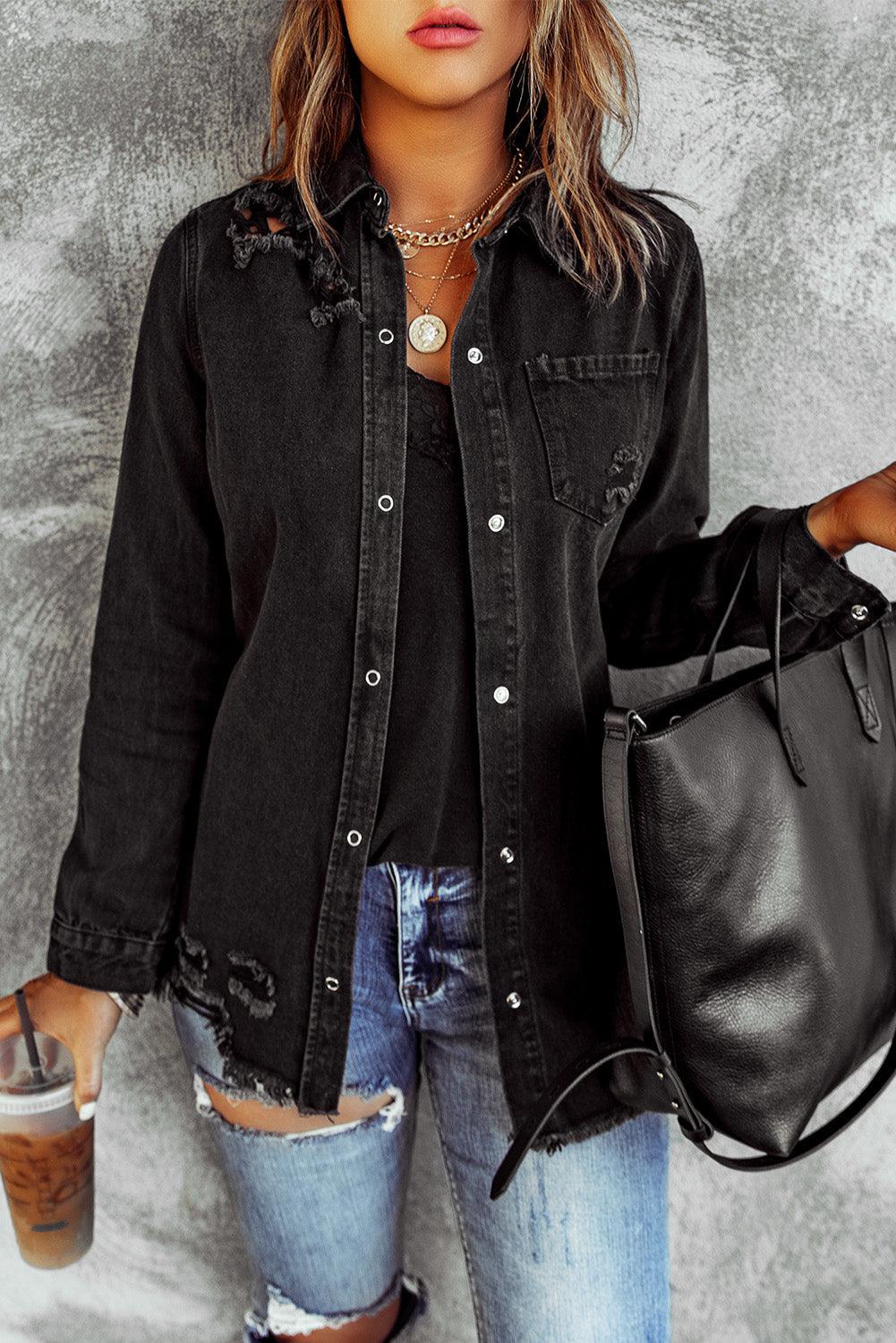 Distressed Snap Down Denim Jacket BLUE ZONE PLANET