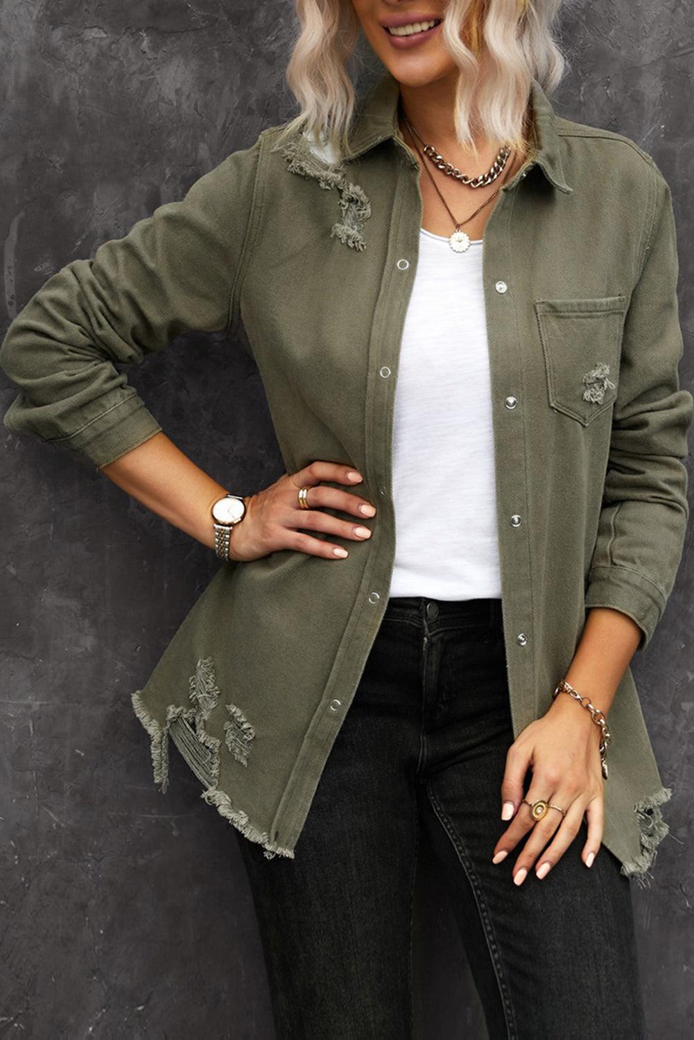 Distressed Snap Down Denim Jacket BLUE ZONE PLANET