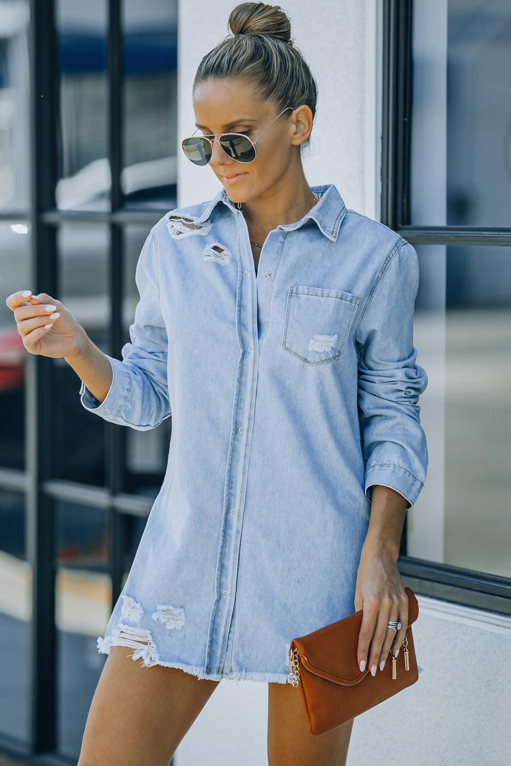 Distressed Snap Down Denim Jacket BLUE ZONE PLANET