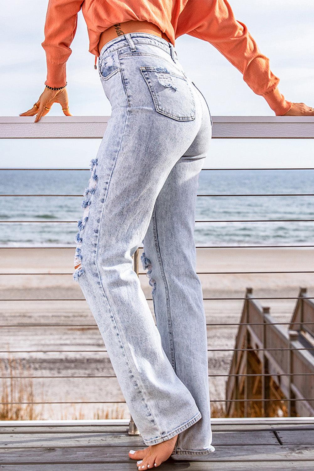 Distressed Straight Leg Jeans with Pockets BLUE ZONE PLANET