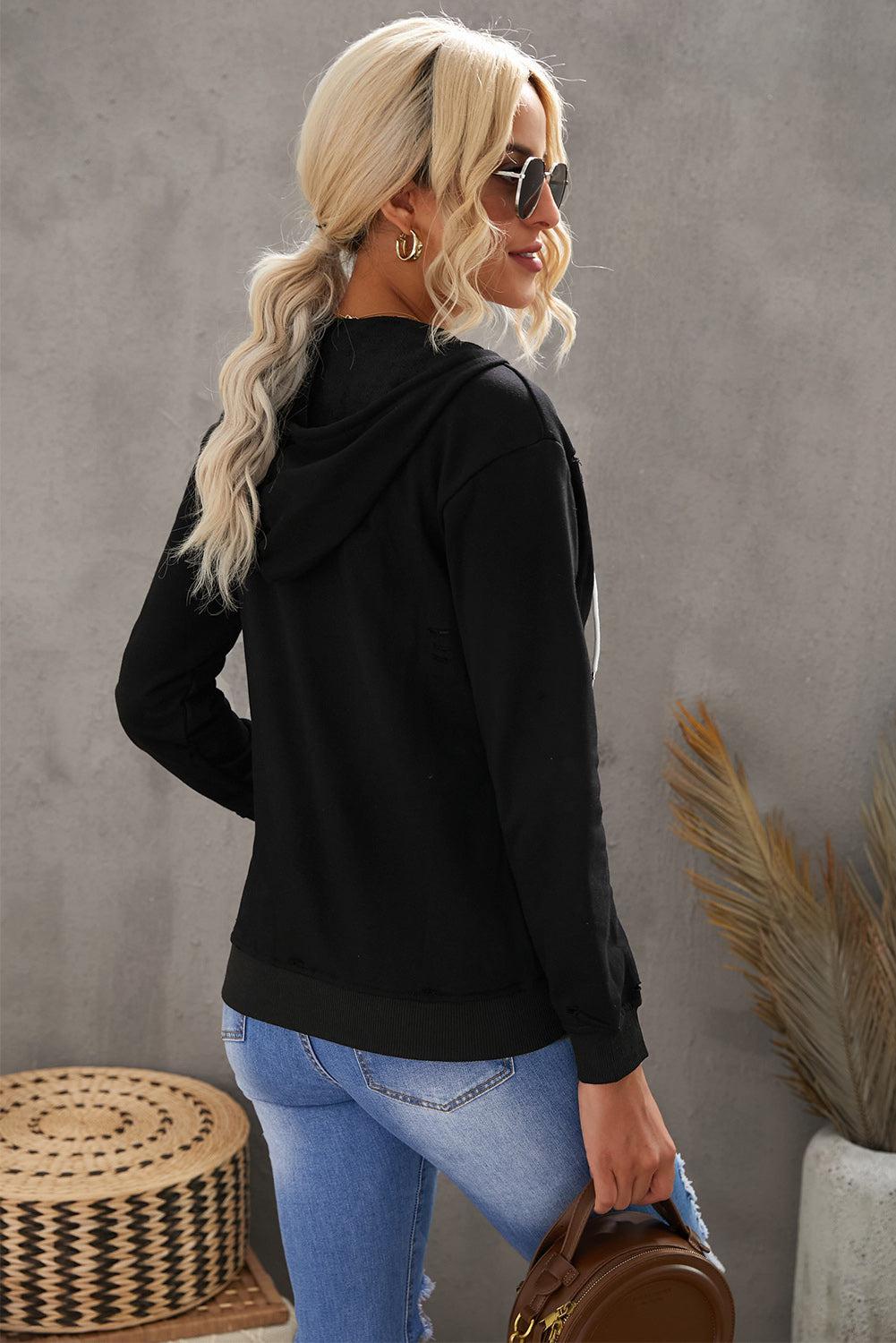 Distressed Zip Up Drawstring Detail Hoodie BLUE ZONE PLANET