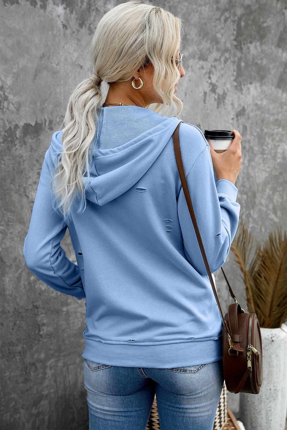 Distressed Zip Up Drawstring Detail Hoodie BLUE ZONE PLANET