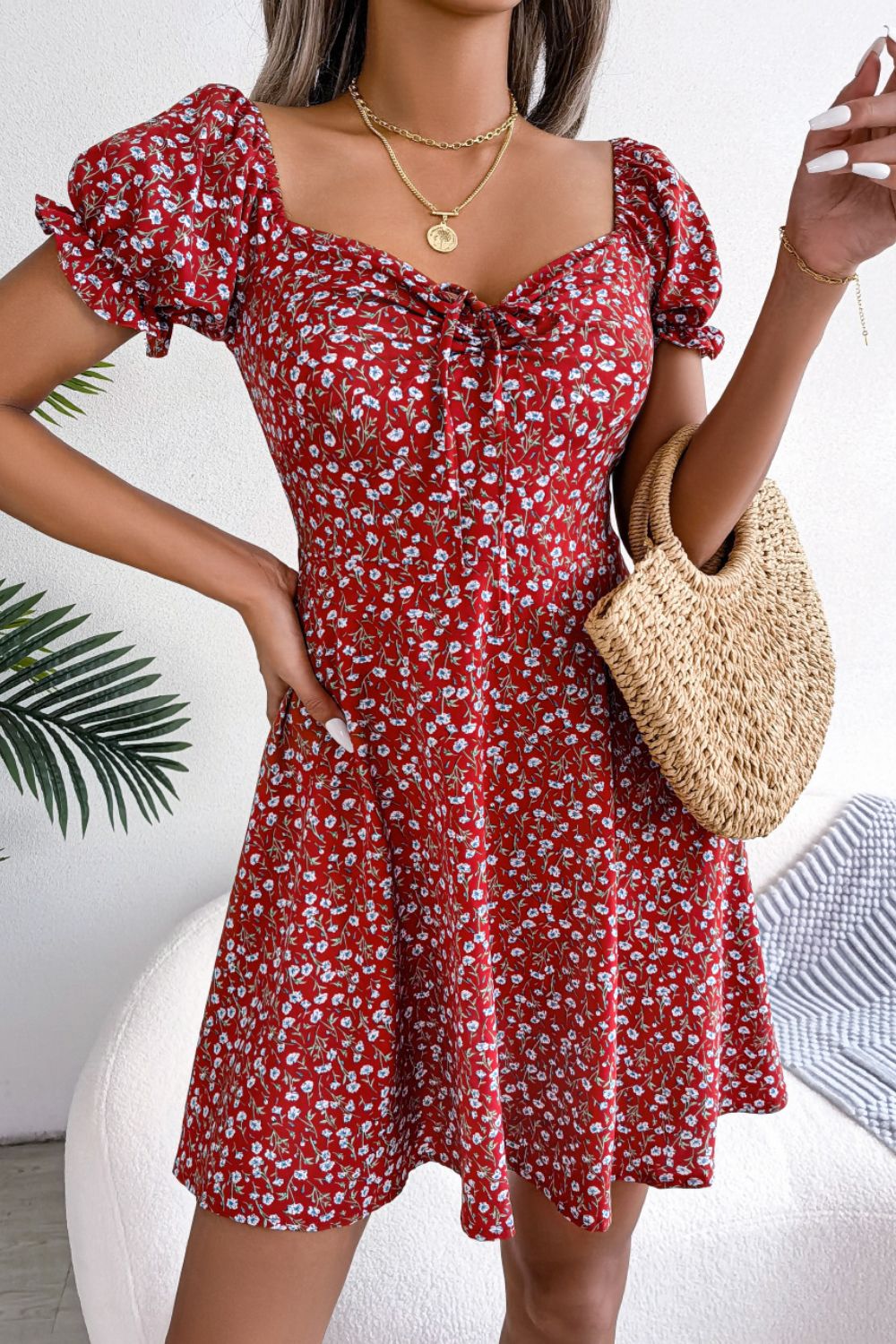 Ditsy Floral Drawstring A-Line Dress BLUE ZONE PLANET