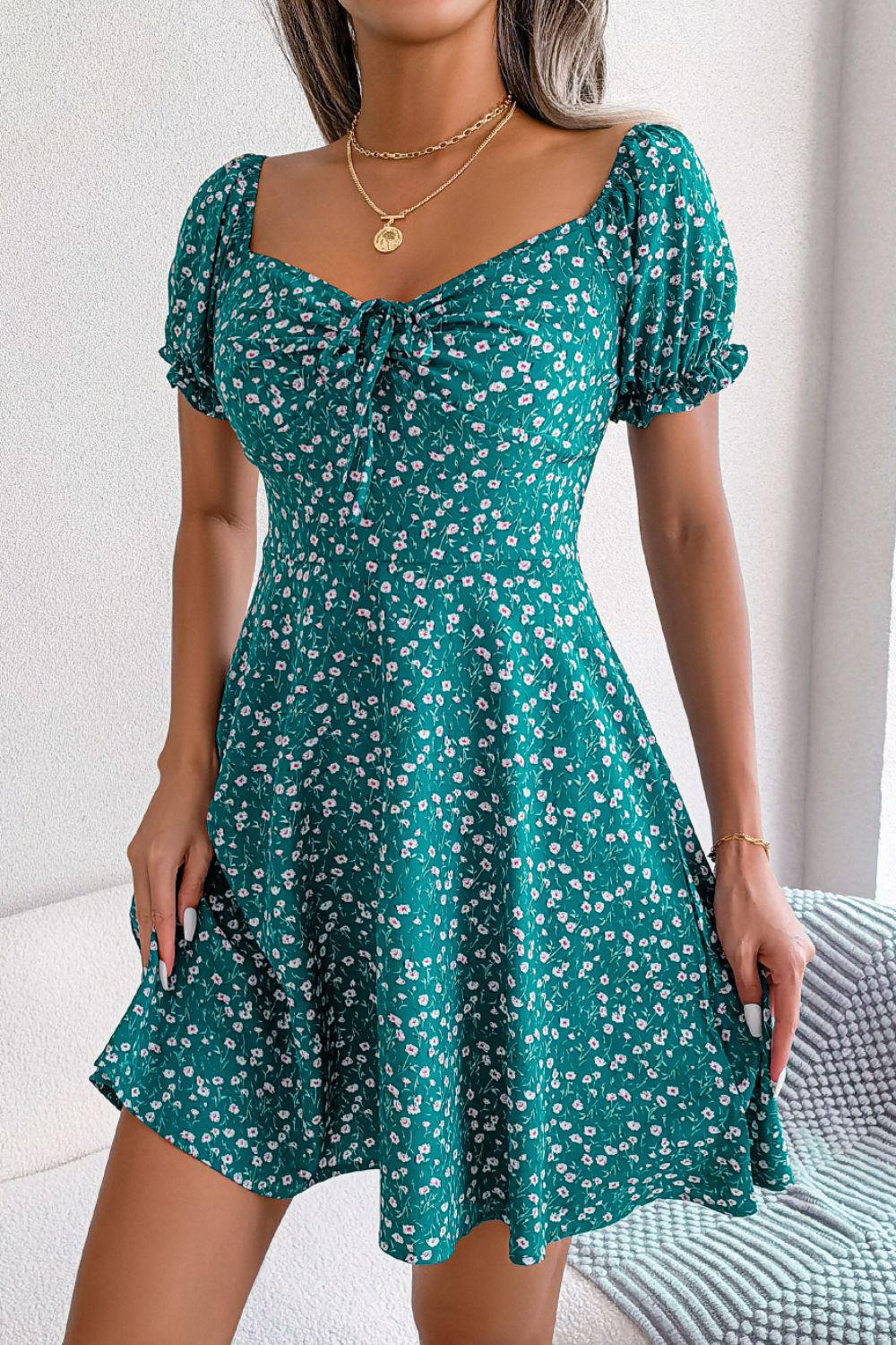 Ditsy Floral Drawstring A-Line Dress BLUE ZONE PLANET