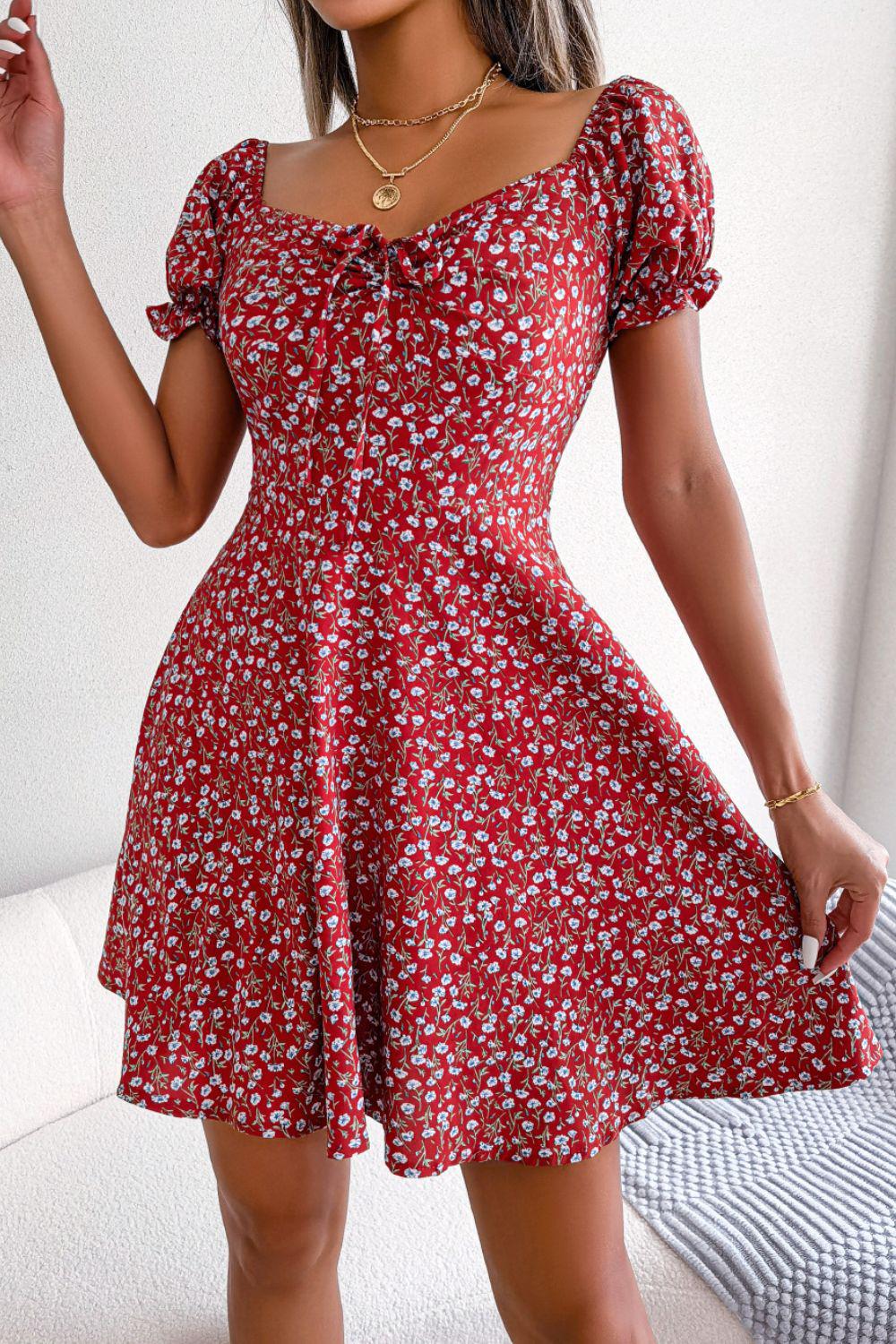 Ditsy Floral Drawstring A-Line Dress BLUE ZONE PLANET
