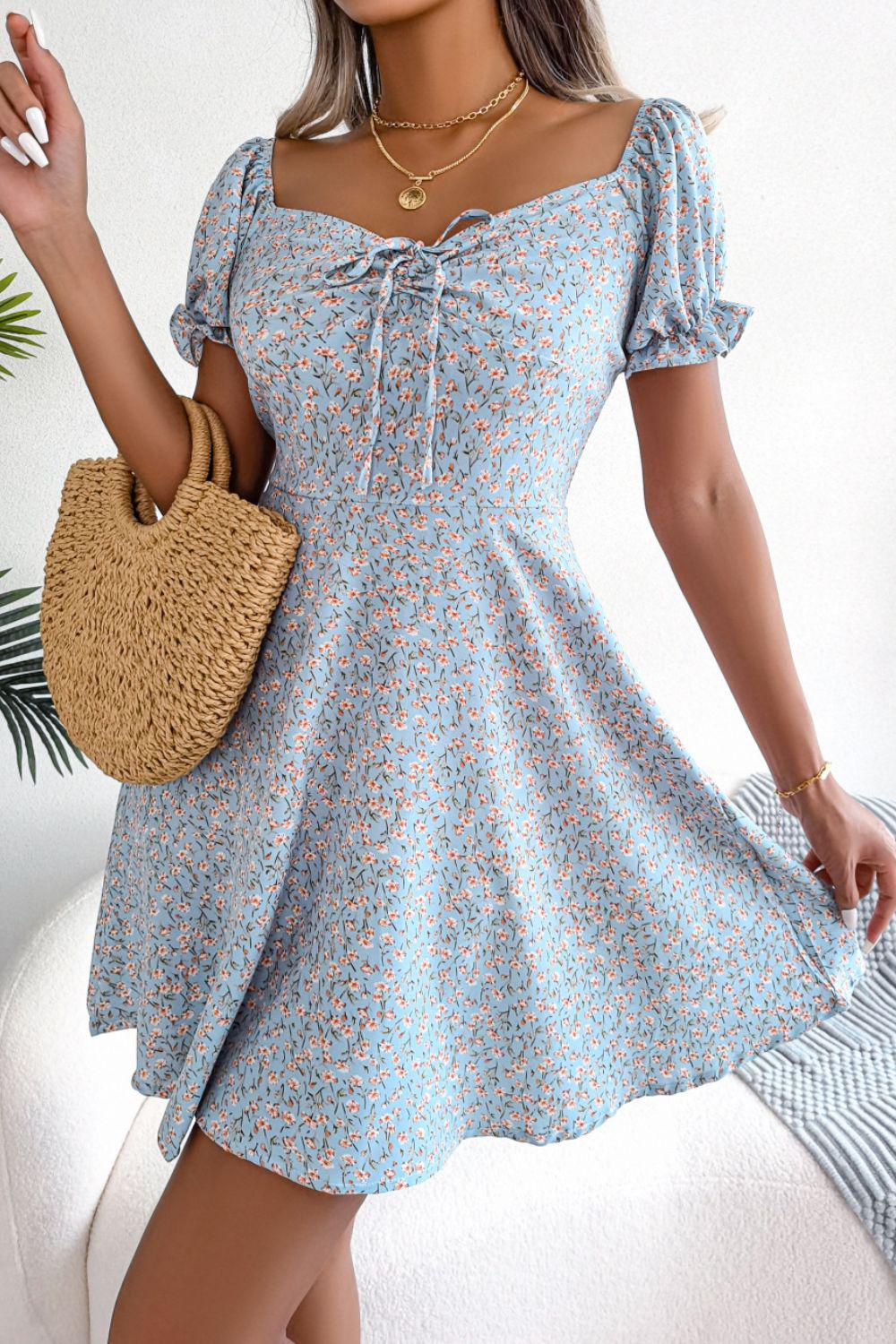 Ditsy Floral Drawstring A-Line Dress BLUE ZONE PLANET