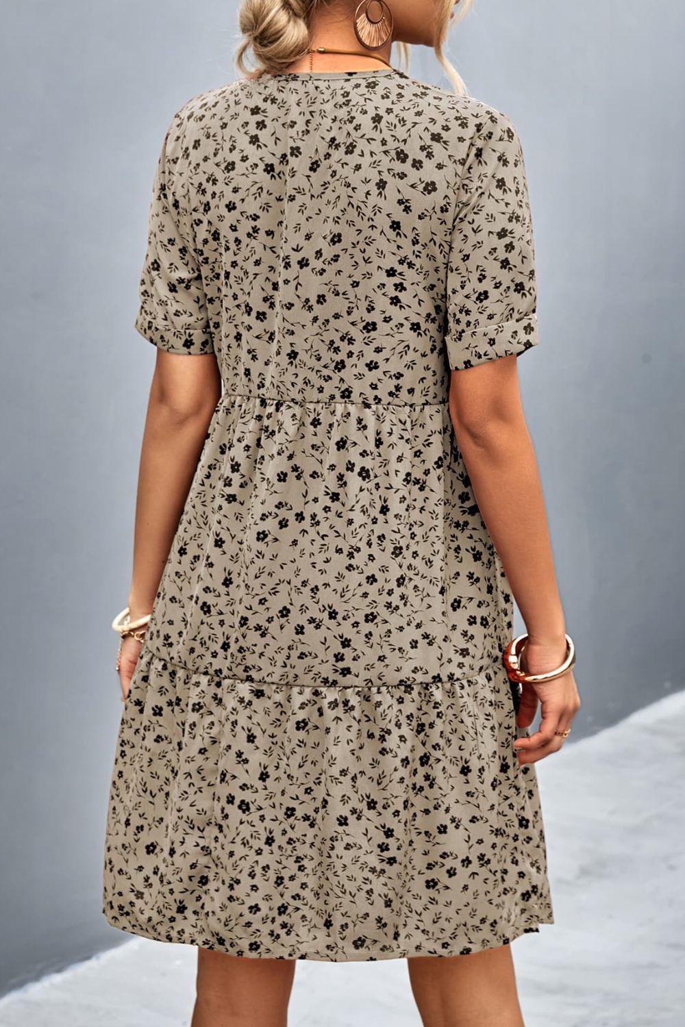 Ditsy Floral Empire Waist Plunge Short Sleeve Dress BLUE ZONE PLANET