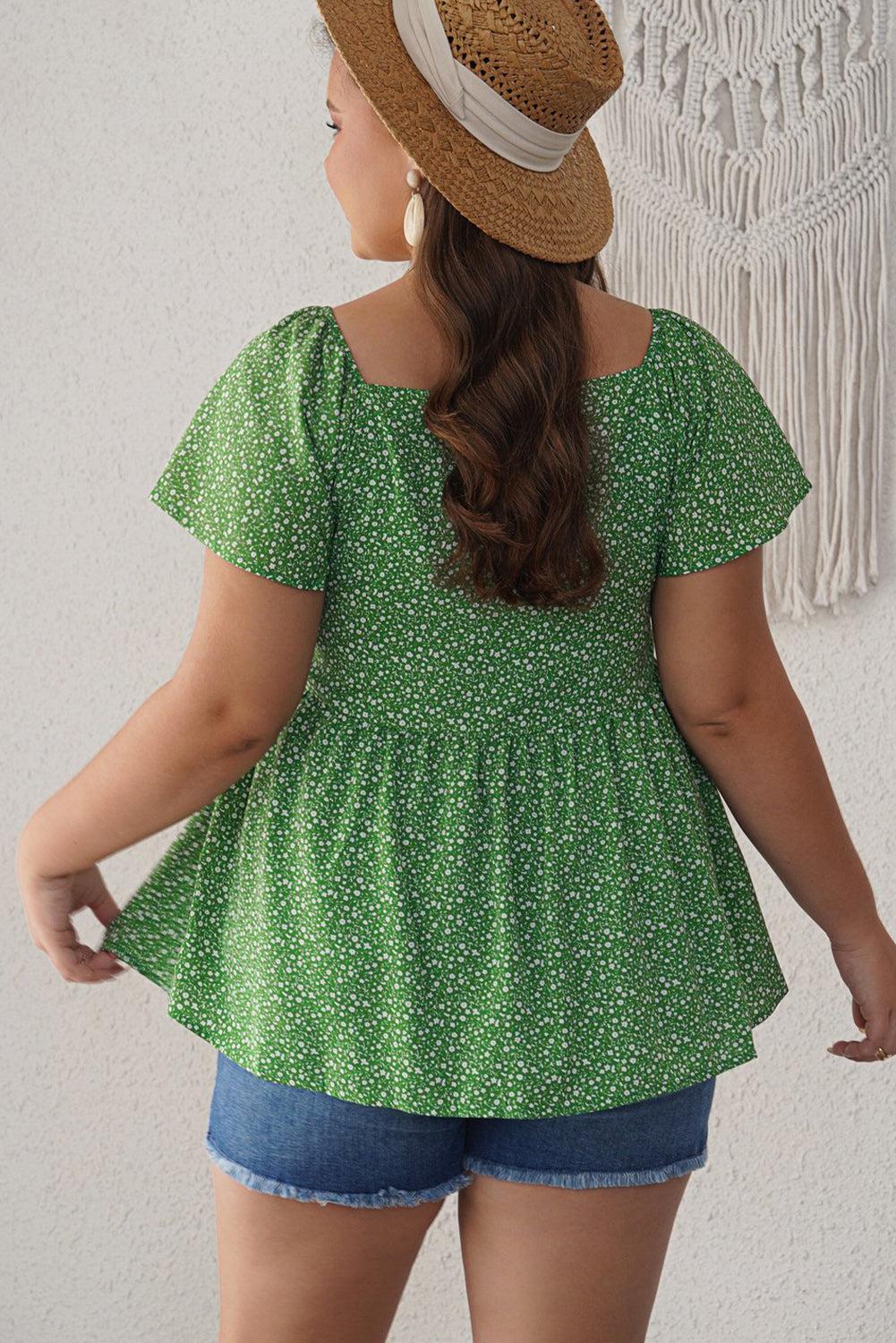 Ditsy Floral Flutter Sleeve Peplum Blouse BLUE ZONE PLANET