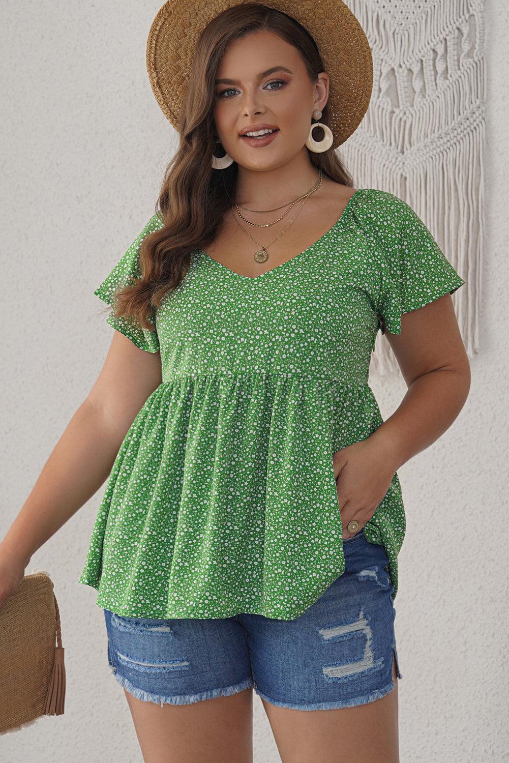 Ditsy Floral Flutter Sleeve Peplum Blouse BLUE ZONE PLANET