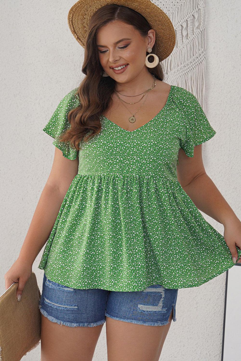 Ditsy Floral Flutter Sleeve Peplum Blouse BLUE ZONE PLANET