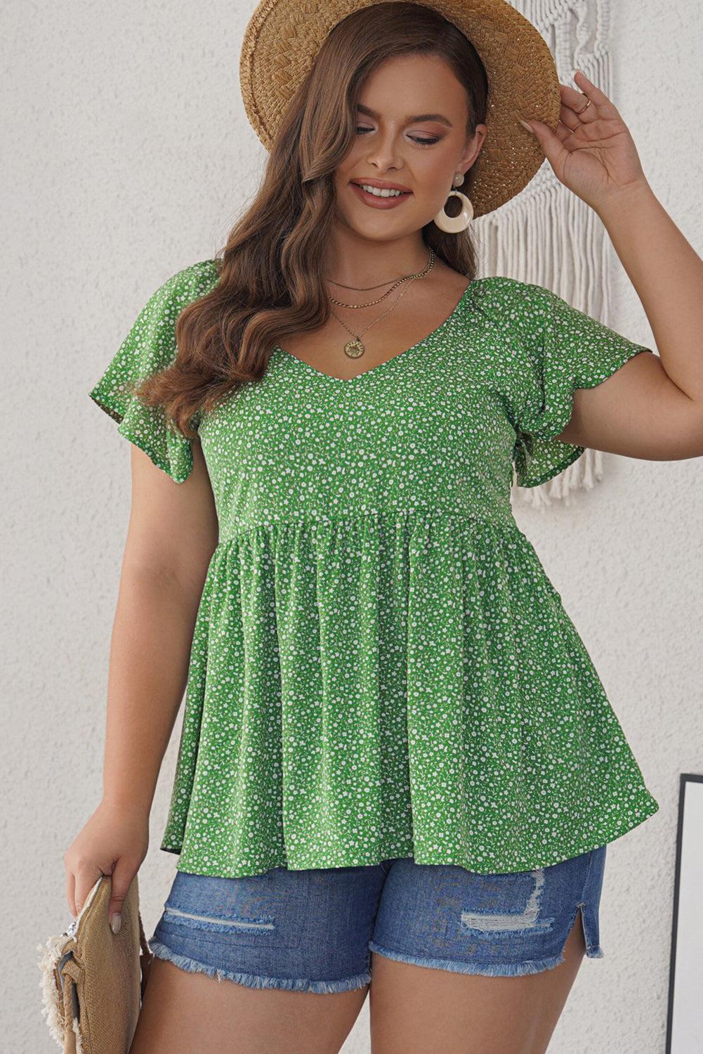 Ditsy Floral Flutter Sleeve Peplum Blouse BLUE ZONE PLANET