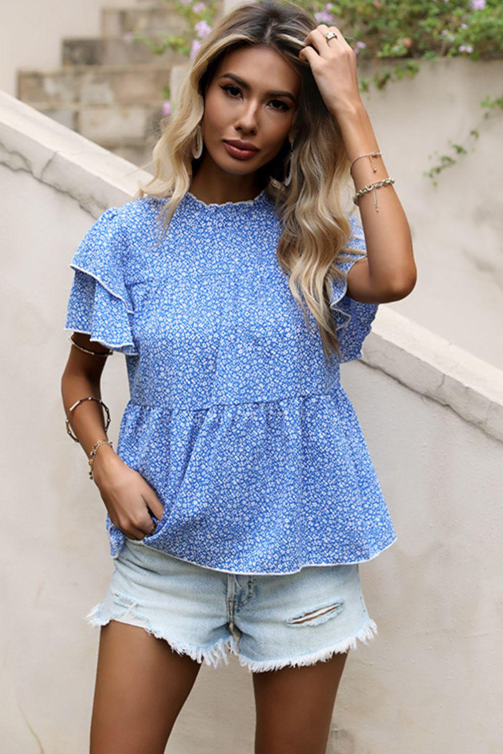 Ditsy Floral Layered Flutter Sleeve Blouse BLUE ZONE PLANET