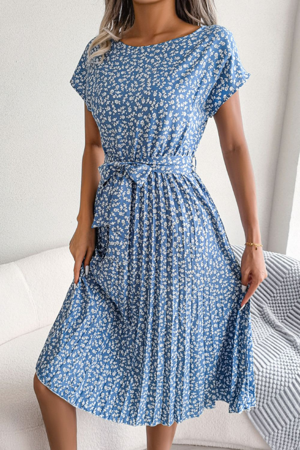 Ditsy Floral Pleated Belted Midi Dress BLUE ZONE PLANET