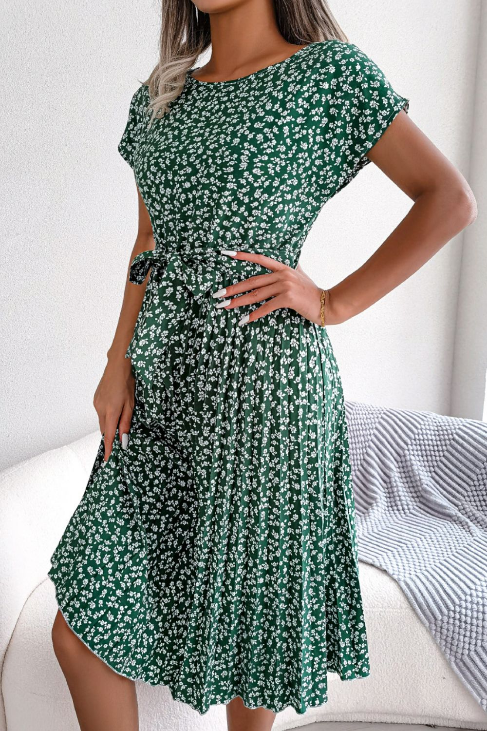 Ditsy Floral Pleated Belted Midi Dress BLUE ZONE PLANET