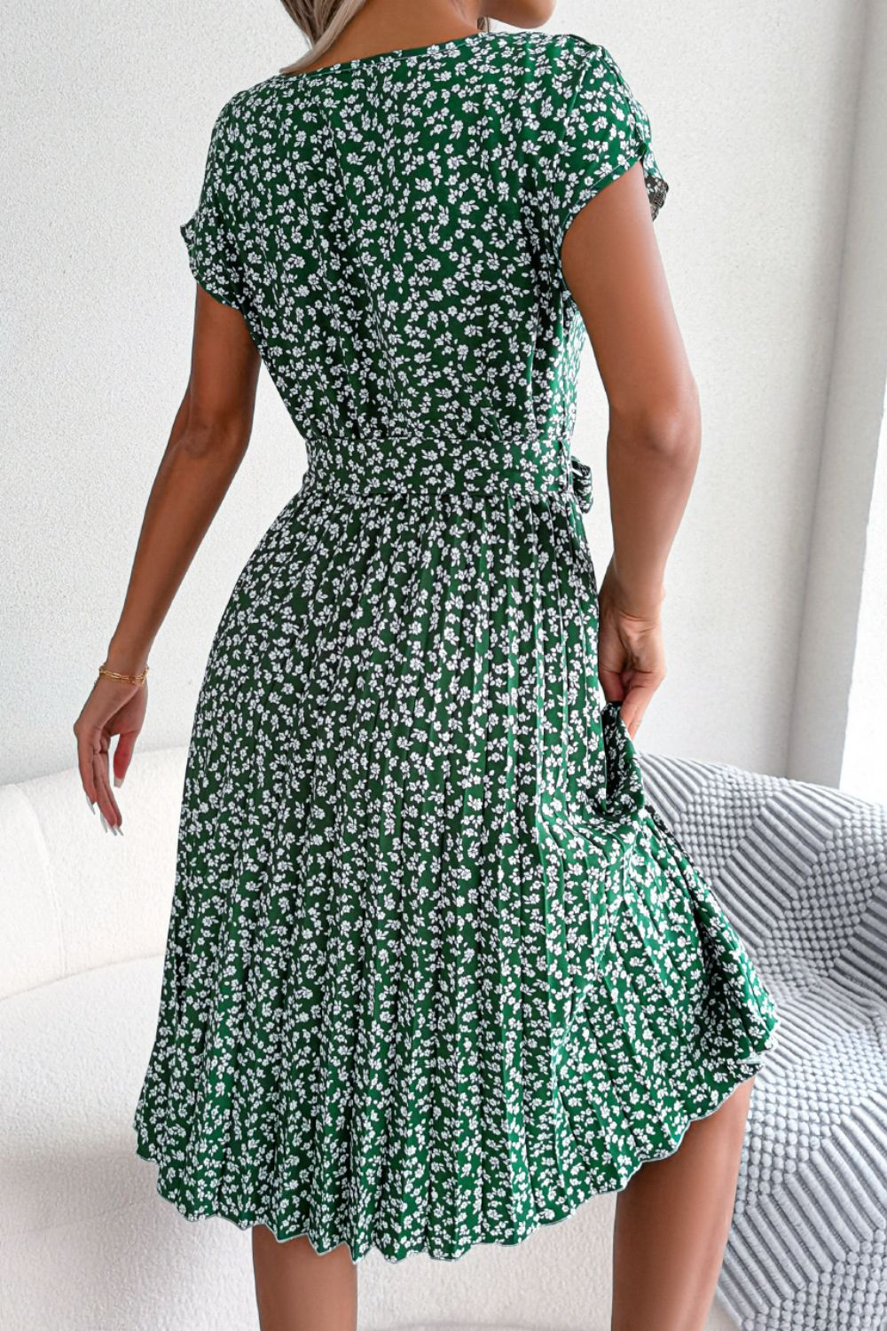 Ditsy Floral Pleated Belted Midi Dress BLUE ZONE PLANET