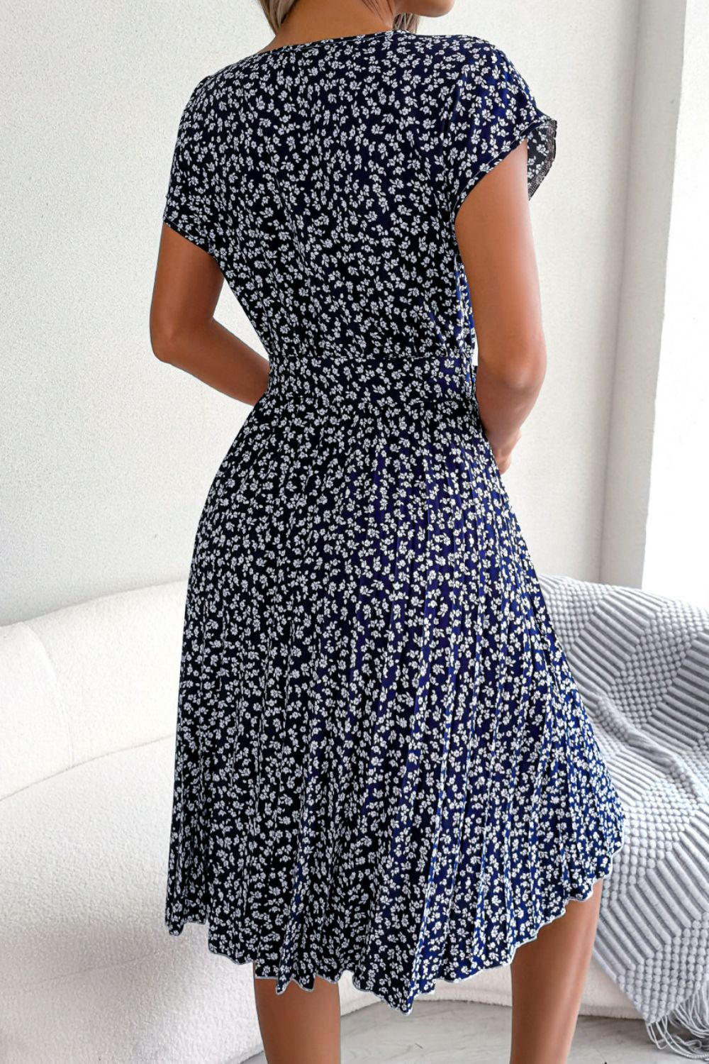 Ditsy Floral Pleated Belted Midi Dress BLUE ZONE PLANET
