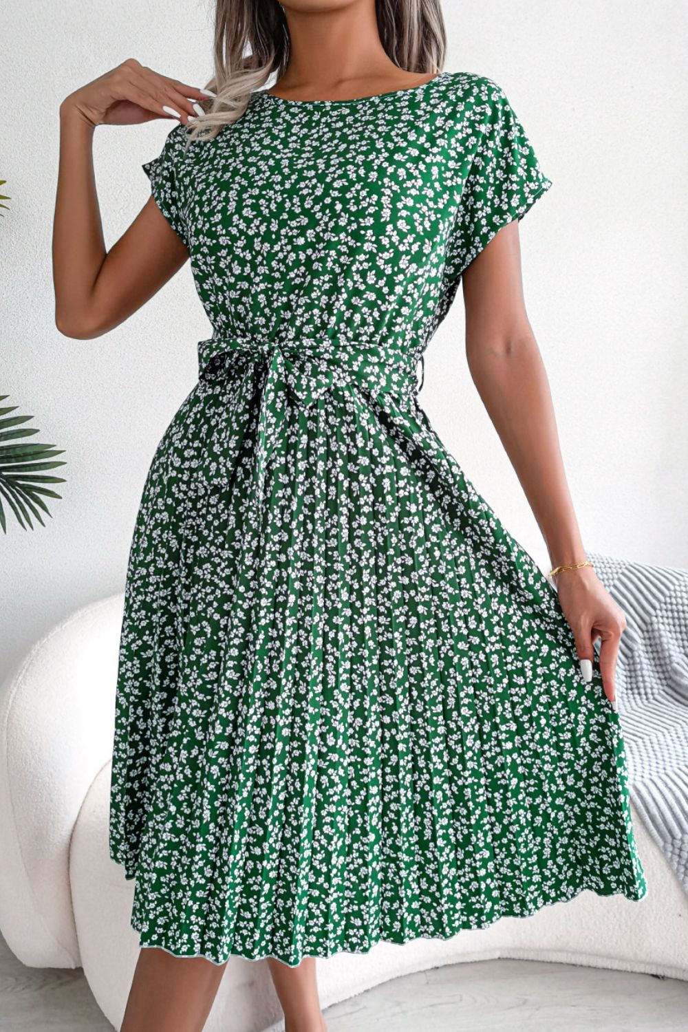 Ditsy Floral Pleated Belted Midi Dress BLUE ZONE PLANET